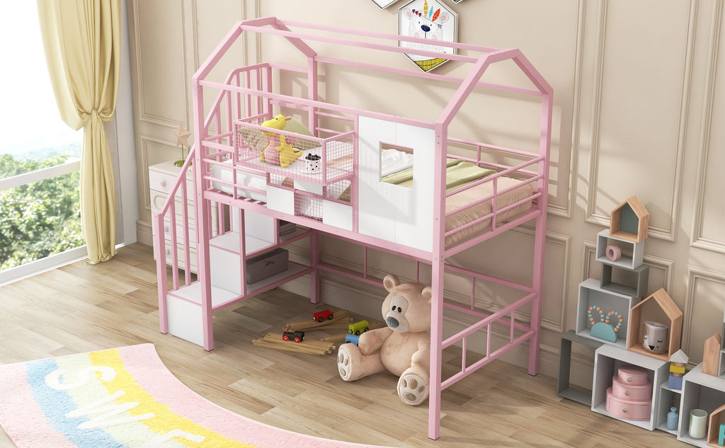 Twin Metal Loft Bed with Roof Design and Storage Box in Pink