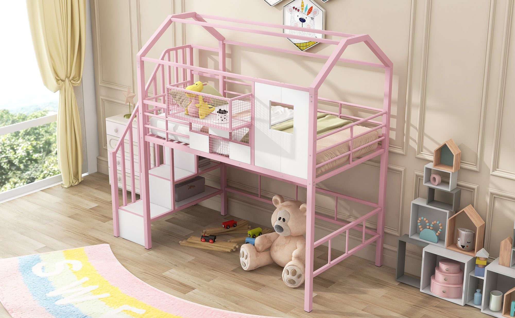 Twin Metal Loft Bed with Roof Design and Storage Box in Pink
