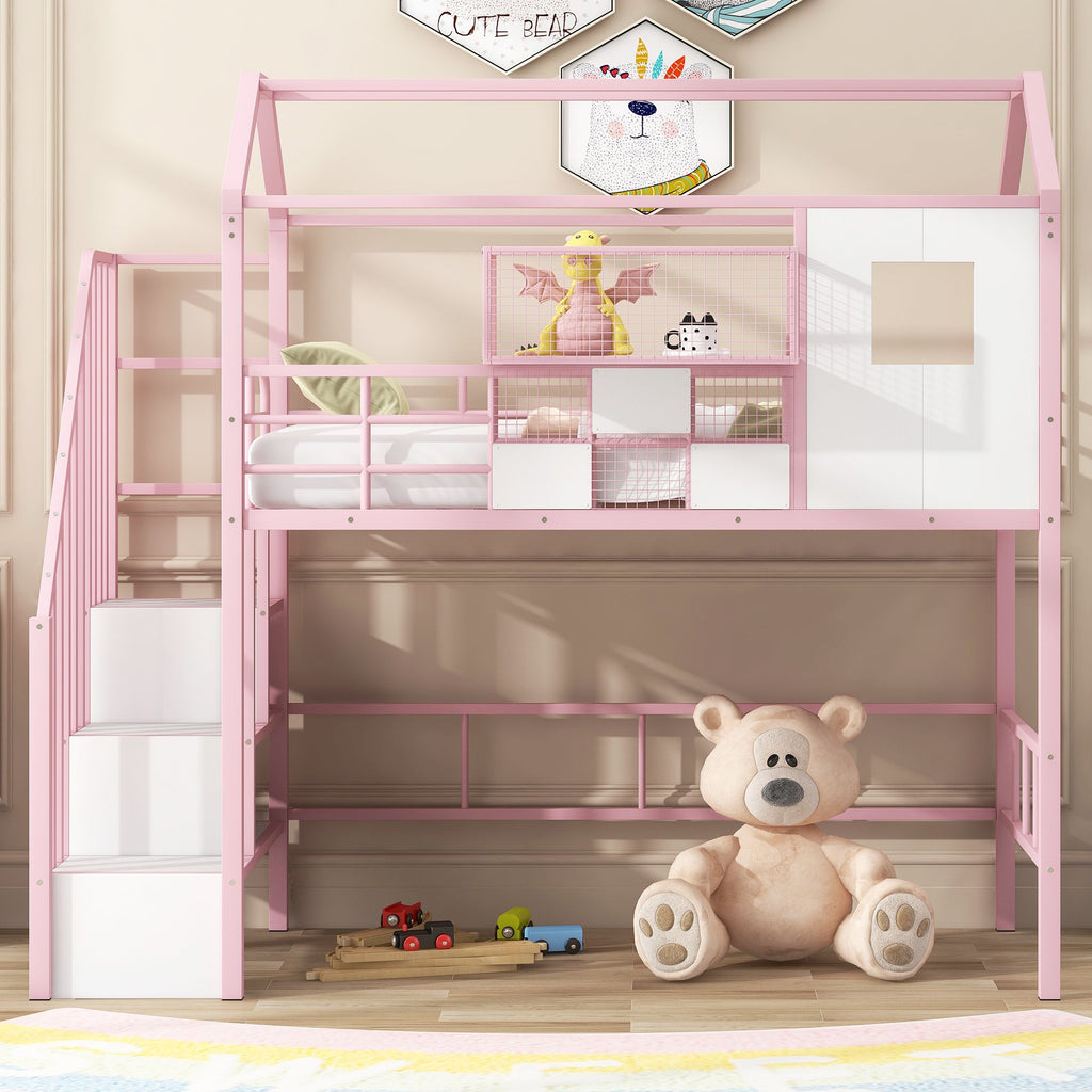 Twin Metal Loft Bed with Roof Design and Storage Box in Pink