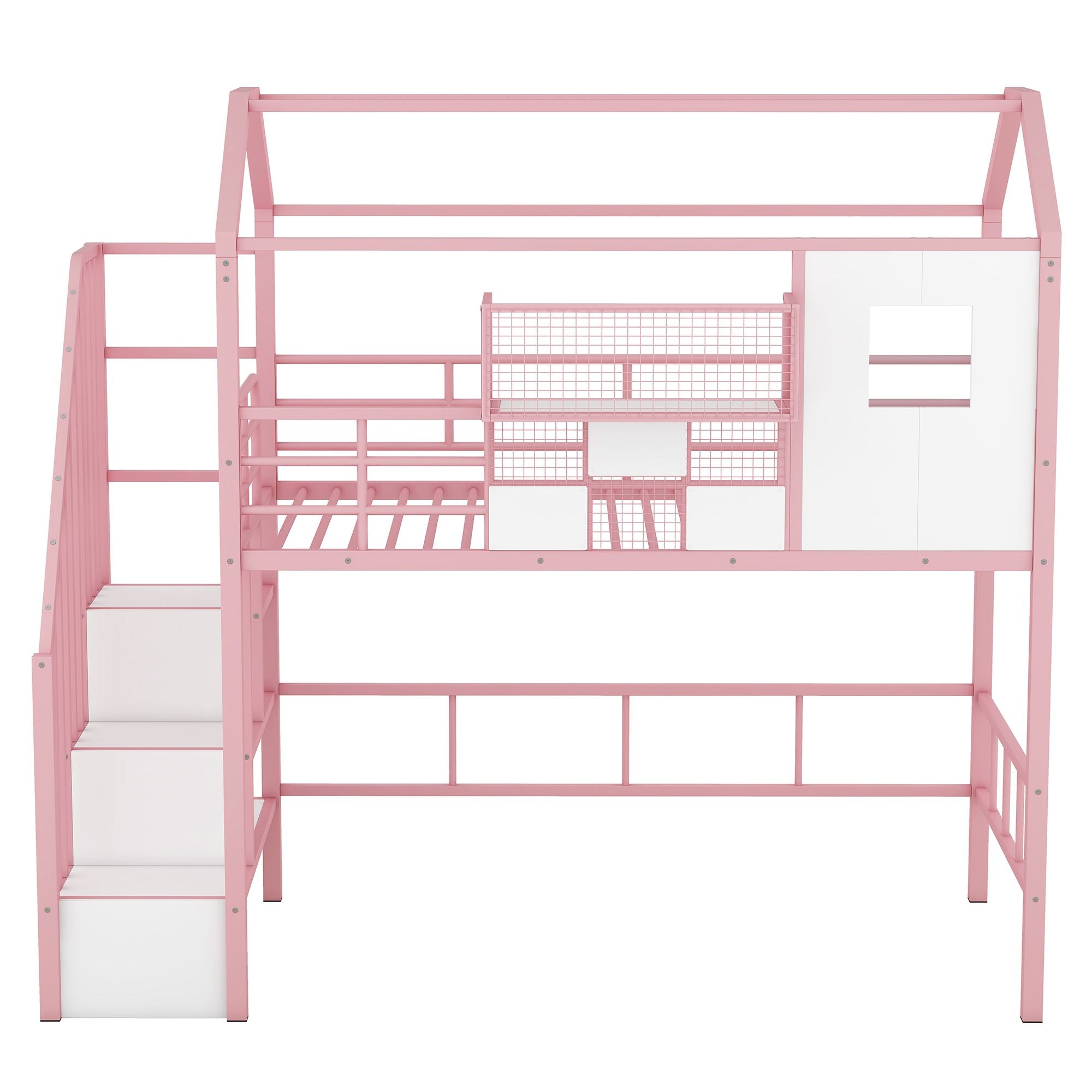 Twin Metal Loft Bed with Roof Design and Storage Box in Pink