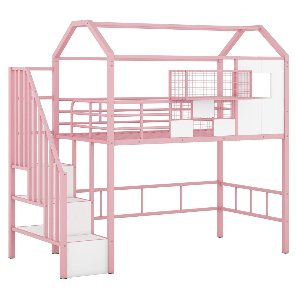 Twin Metal Loft Bed with Roof Design and Storage Box in Pink