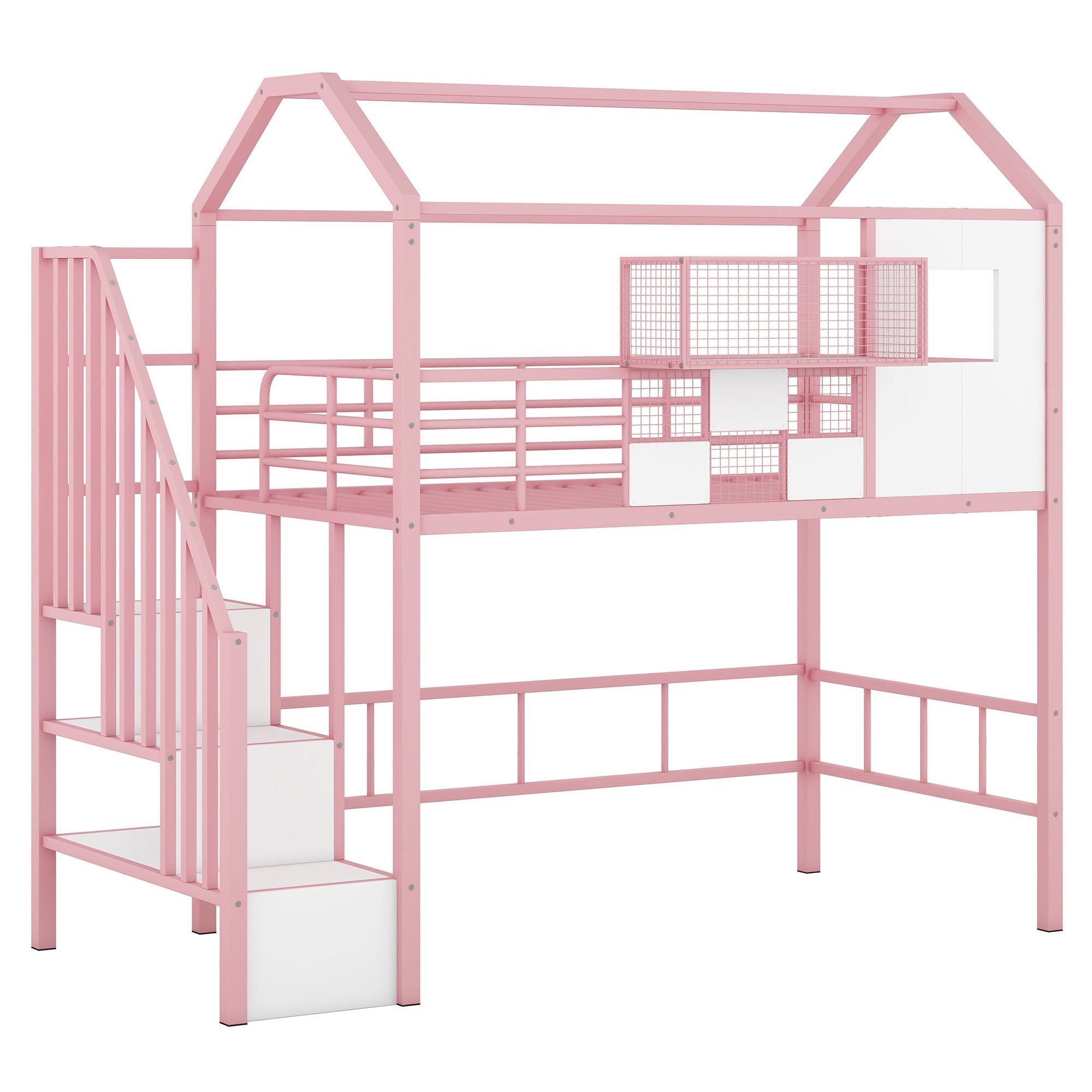 Twin Metal Loft Bed with Roof Design and Storage Box in Pink