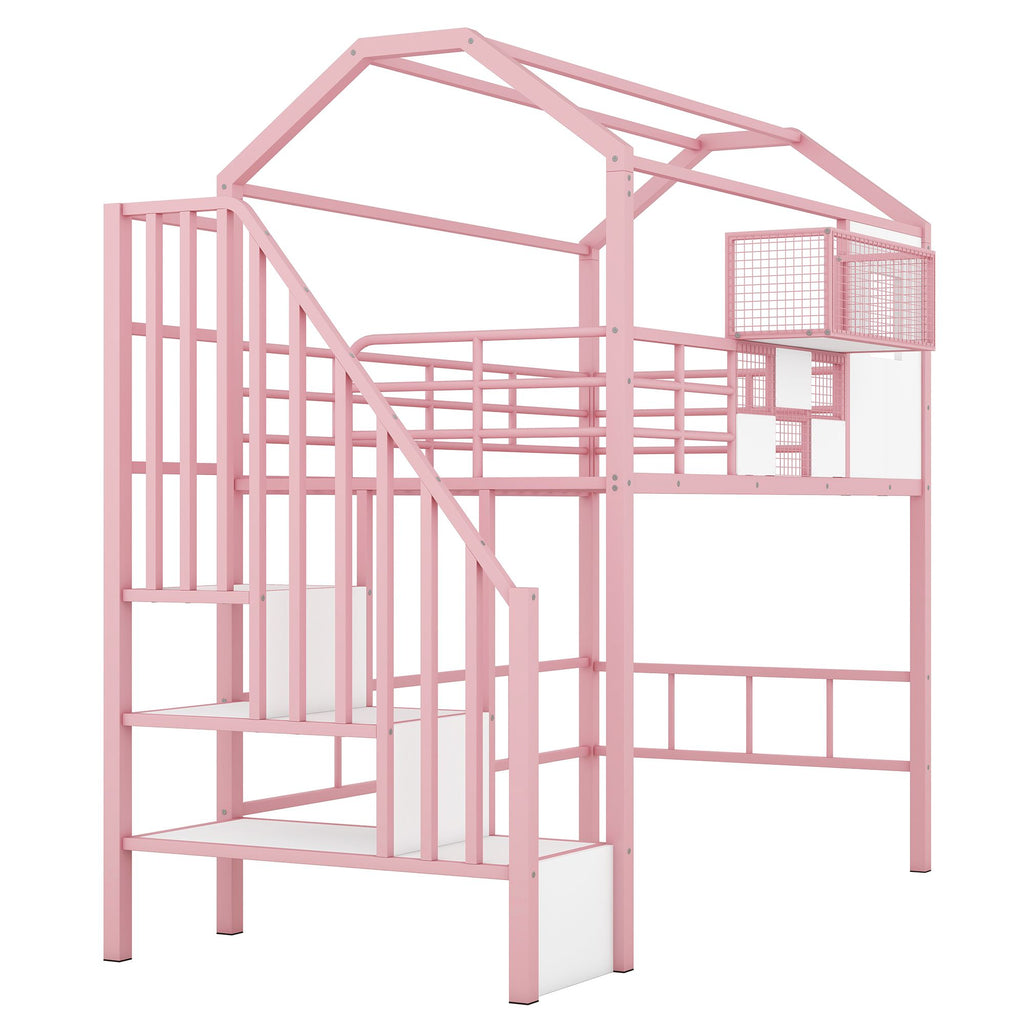 Twin Metal Loft Bed with Roof Design and Storage Box in Pink