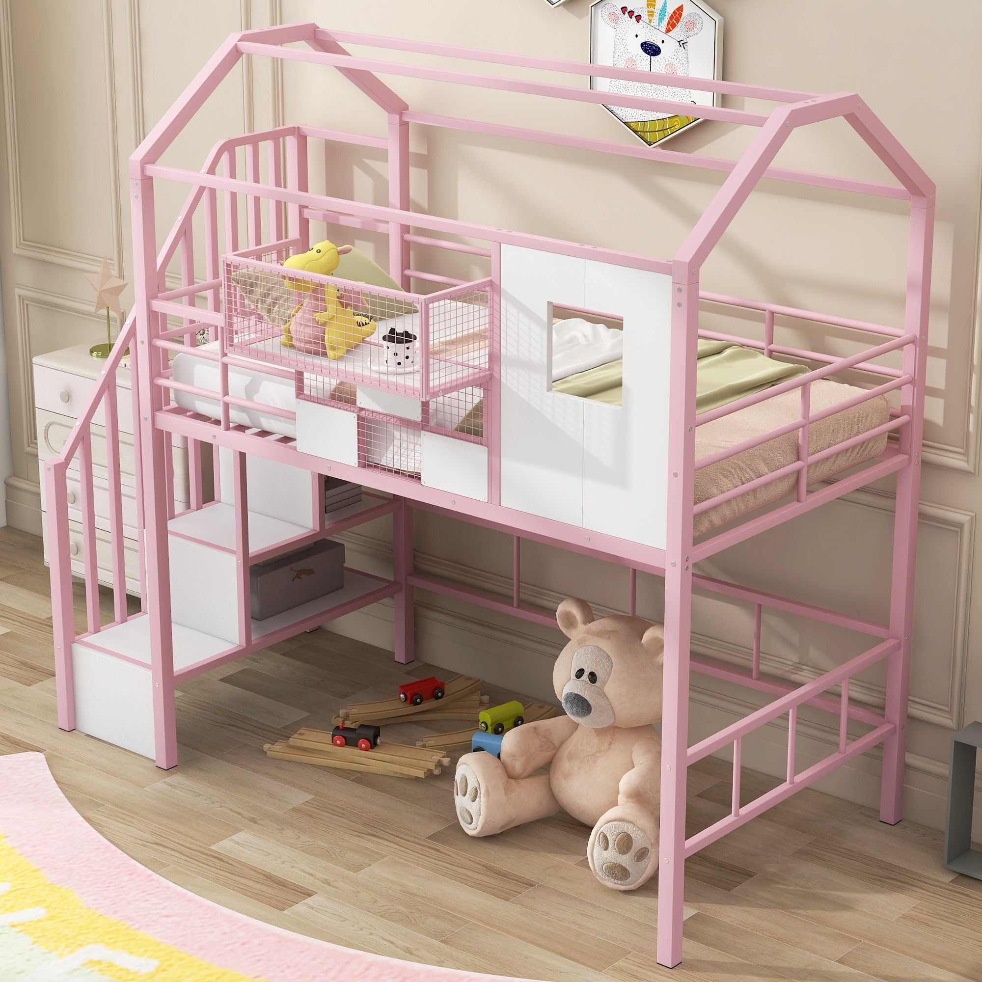 Twin Metal Loft Bed with Roof Design and Storage Box in Pink