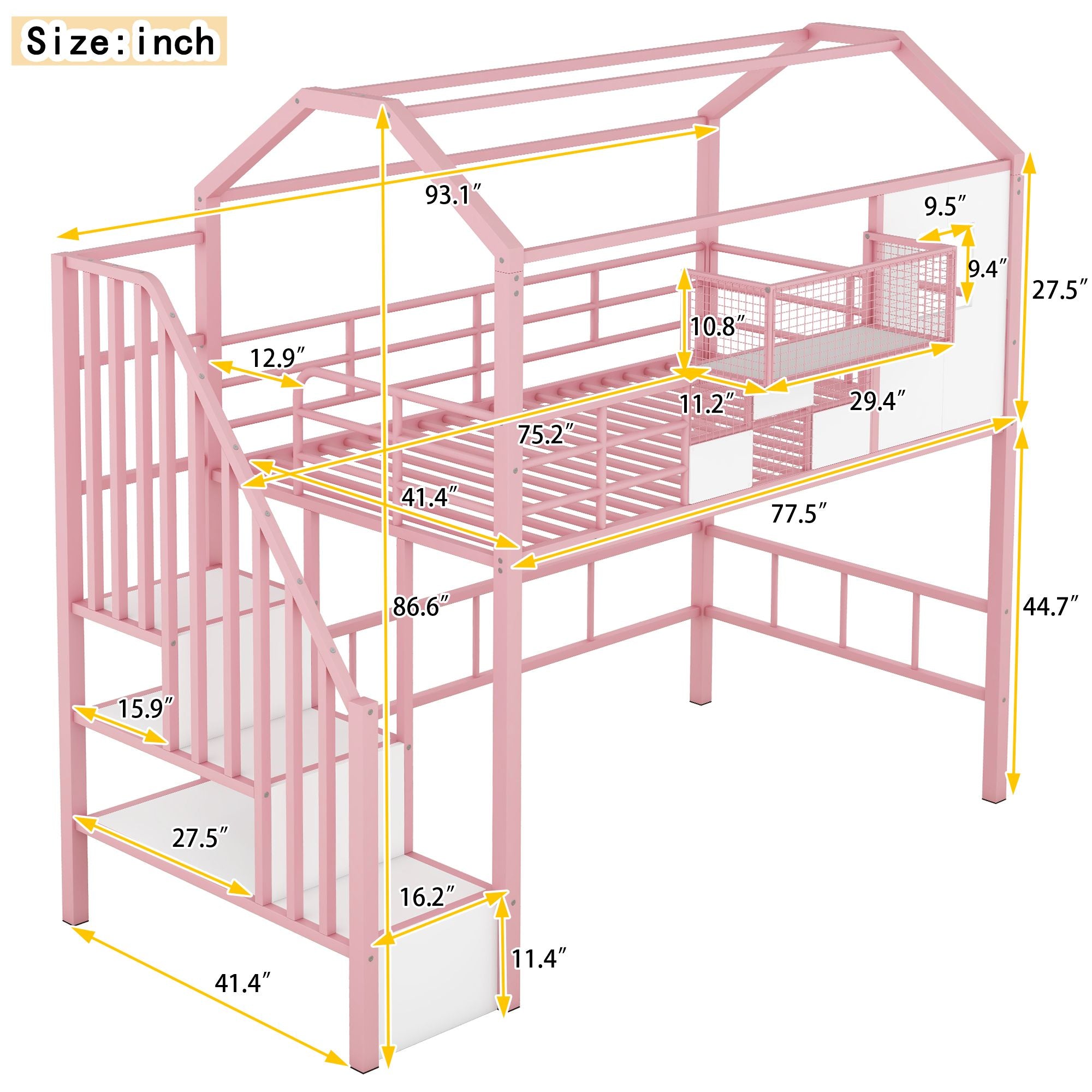 Twin Metal Loft Bed with Roof Design and Storage Box in Pink