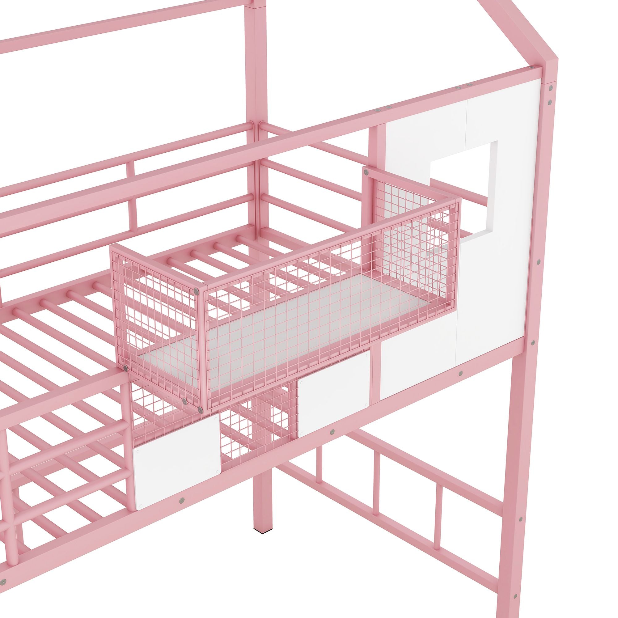 Twin Metal Loft Bed with Roof Design and Storage Box in Pink