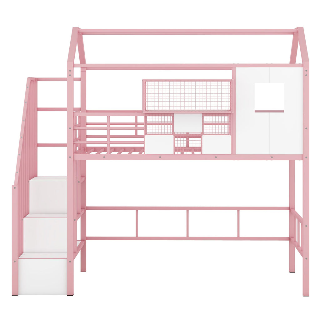 Twin Metal Loft Bed with Roof Design and Storage Box in Pink