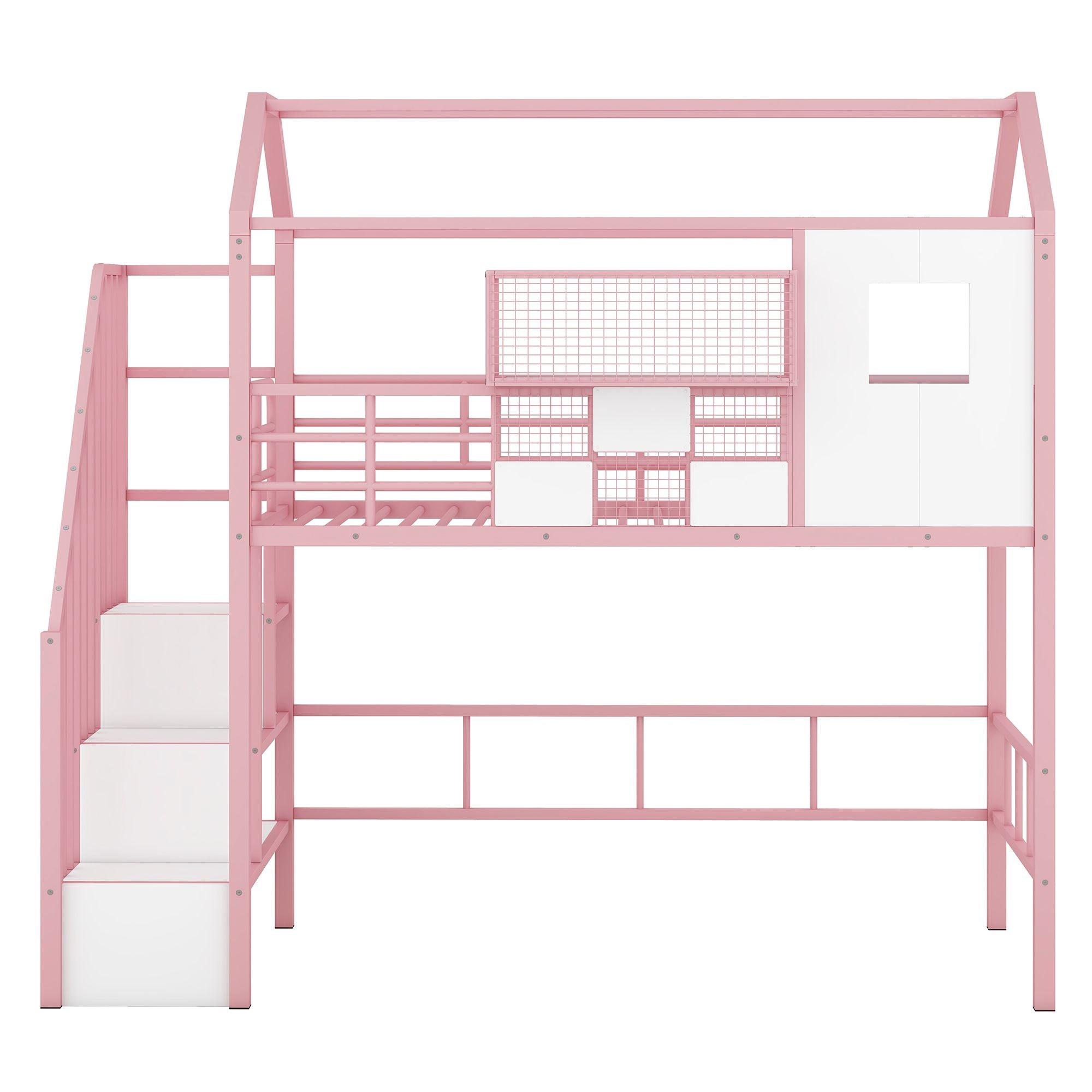 Twin Metal Loft Bed with Roof Design and Storage Box in Pink