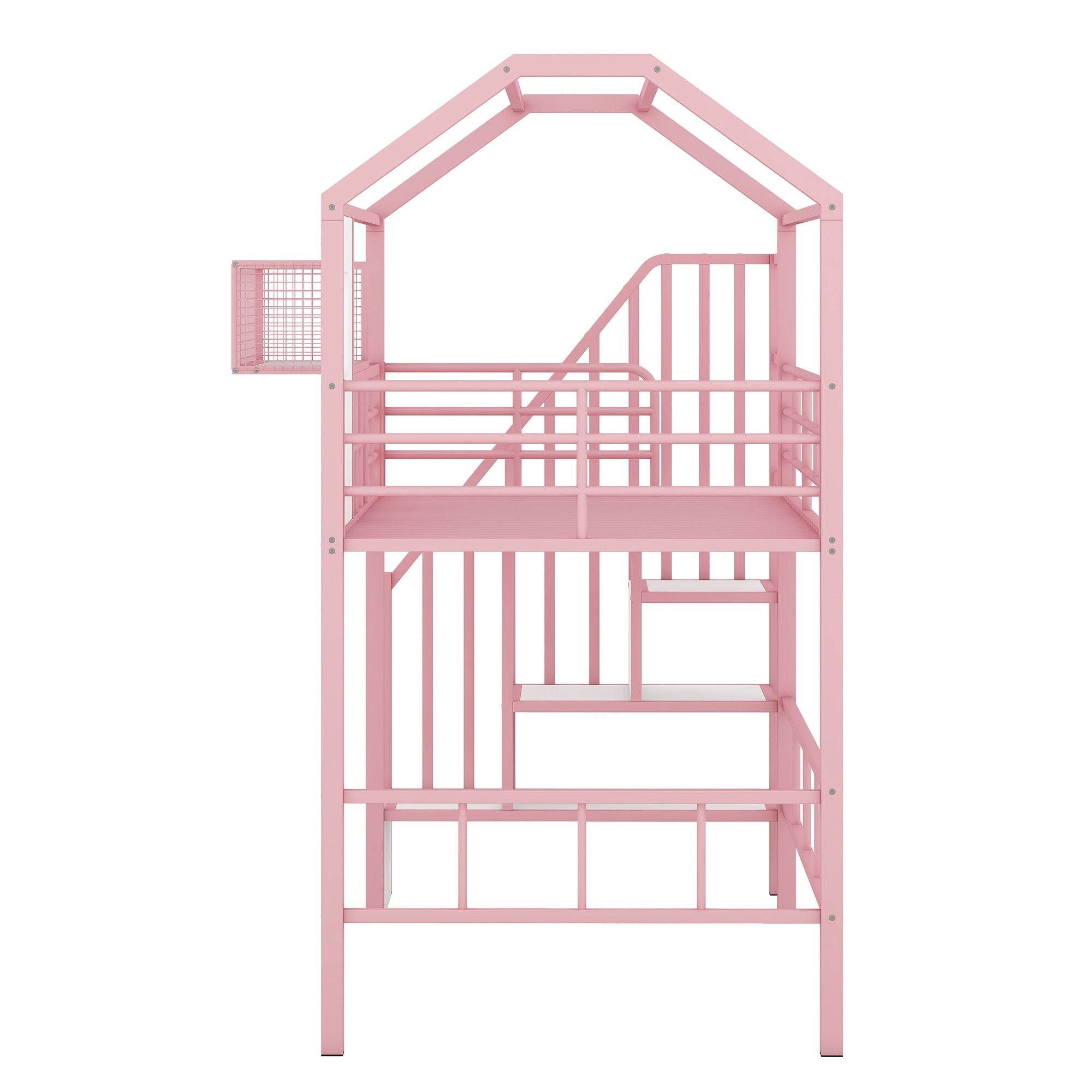 Twin Metal Loft Bed with Roof Design and Storage Box in Pink