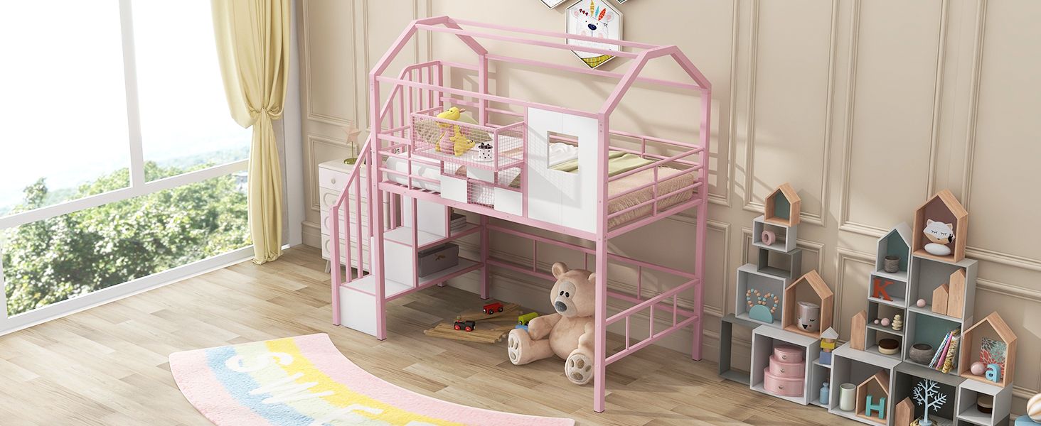 Twin Metal Loft Bed with Roof Design and Storage Box in Pink
