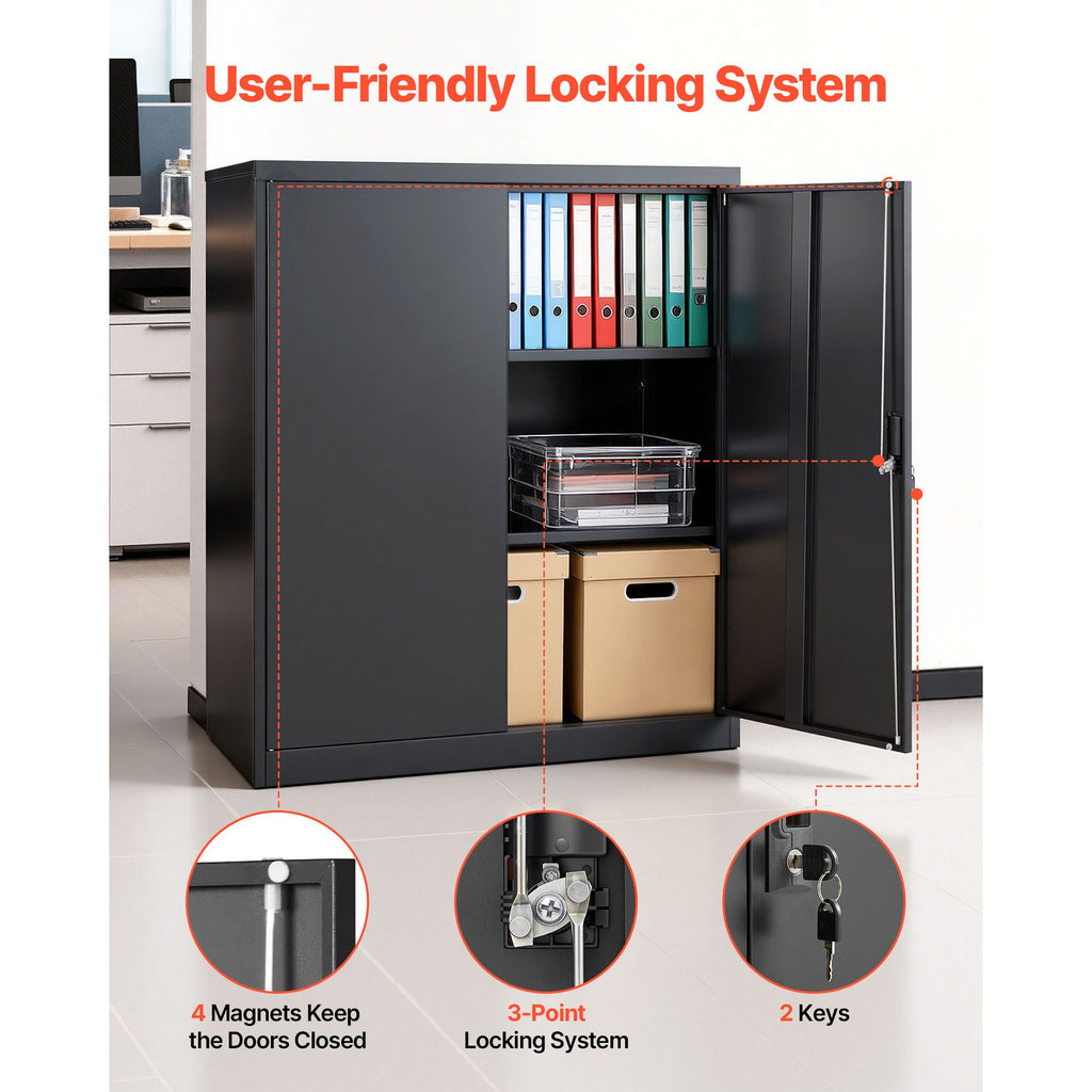 Black Lockable Storage Cabinet with Adjustable Shelves