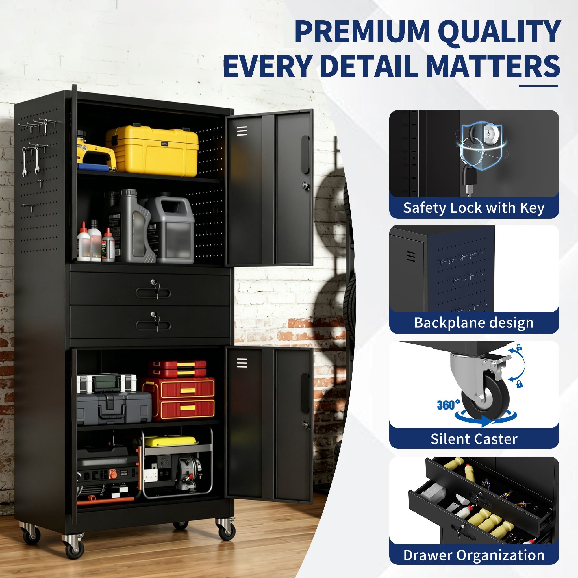 Rolling Locking Cabinet with Pegboard and Drawers