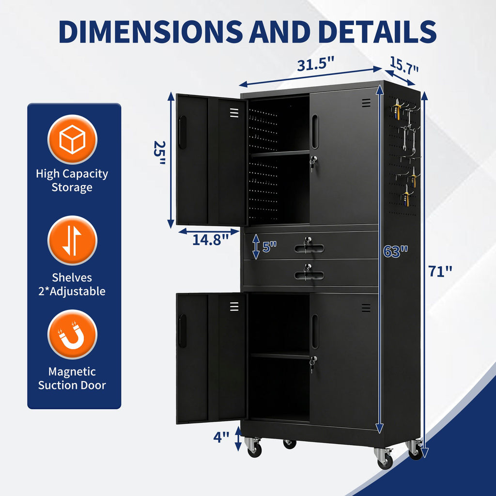 Rolling Locking Cabinet with Pegboard and Drawers