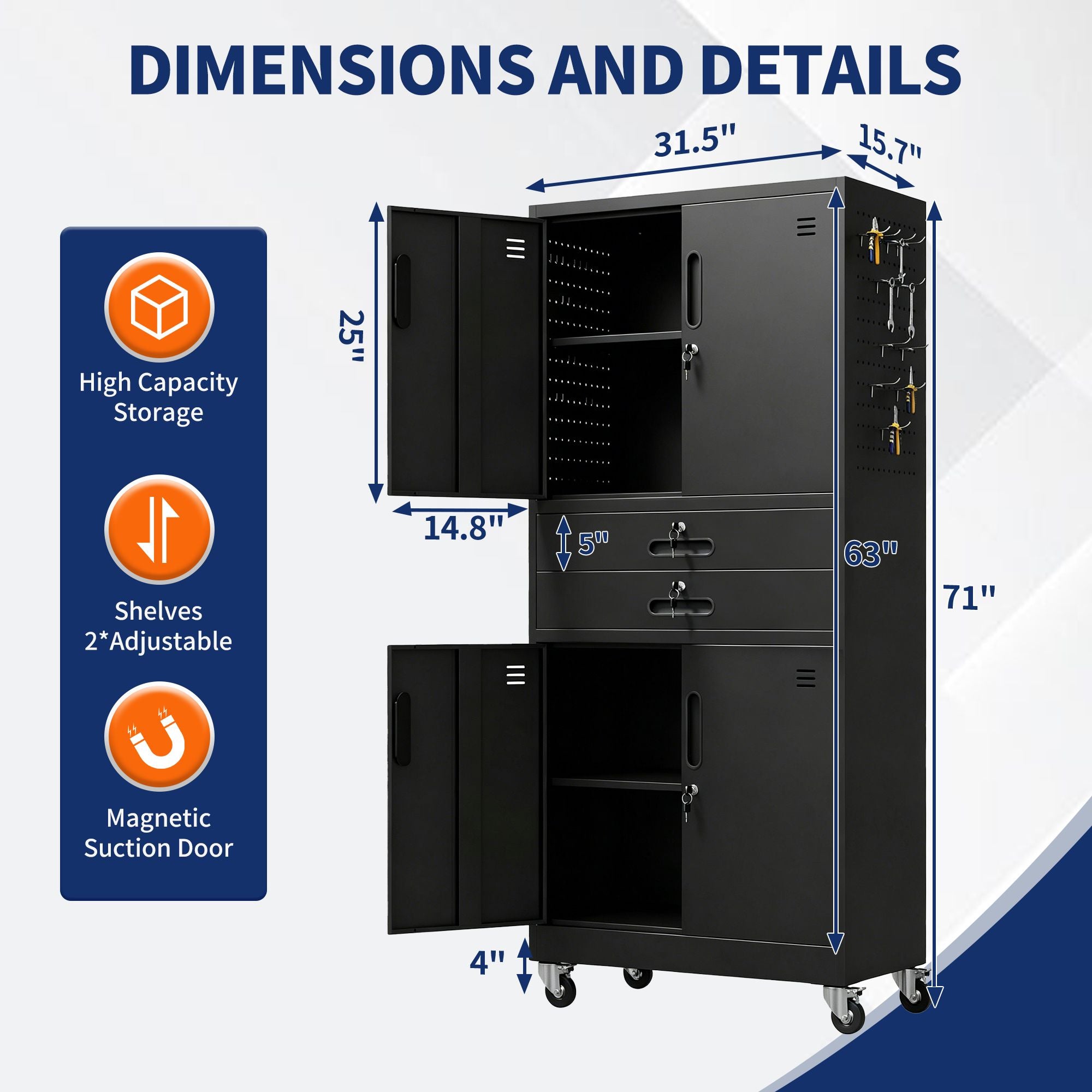 Rolling Locking Cabinet with Pegboard and Drawers