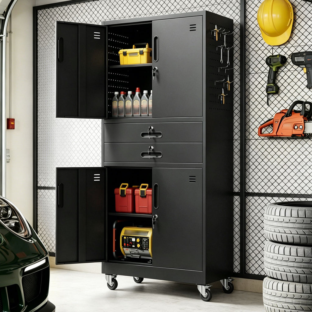 Rolling Locking Cabinet with Pegboard and Drawers