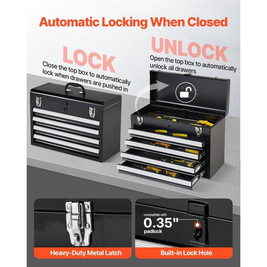 Portable Metal Tool Box with 4 Drawers: Secure, Smooth, everyday