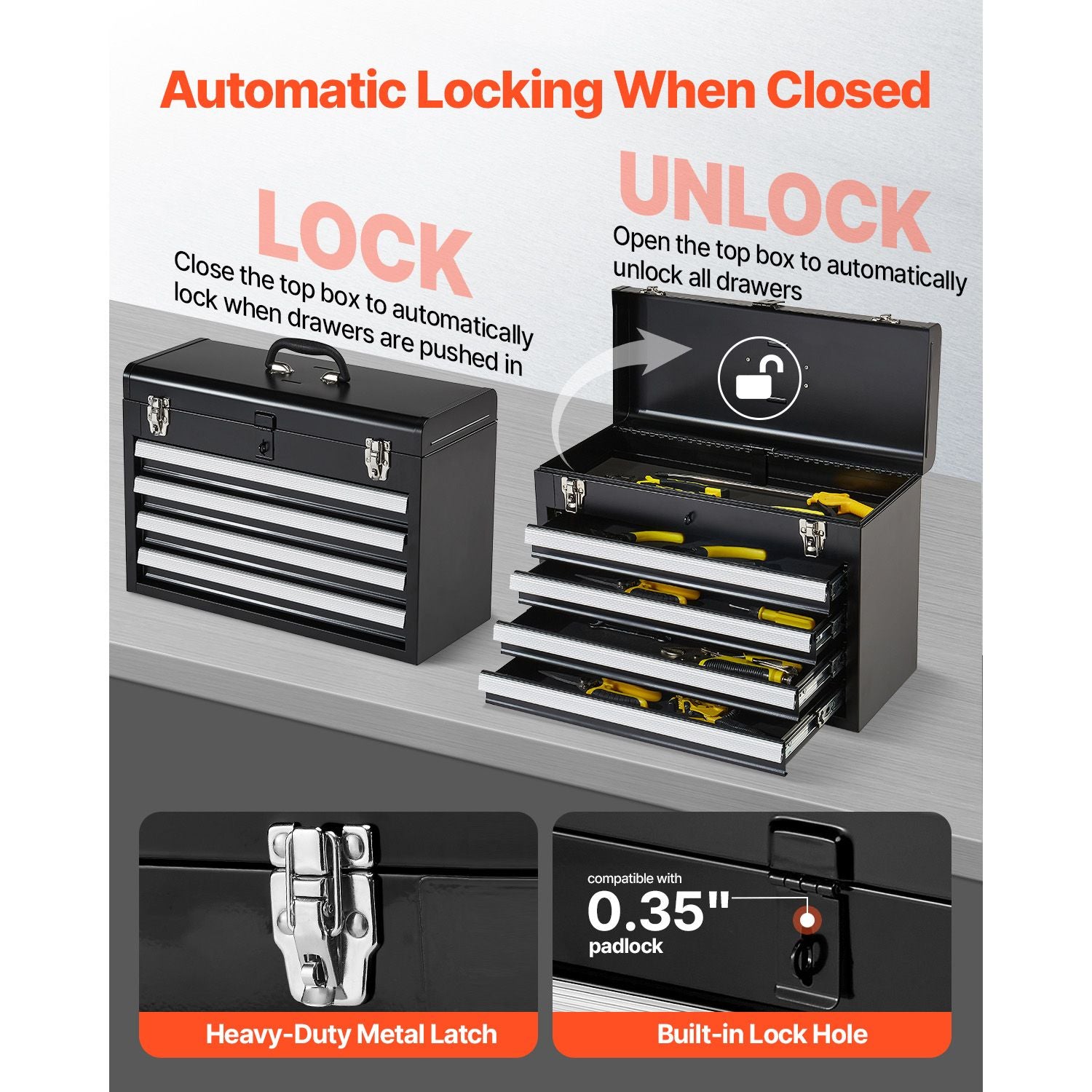 Portable Metal Tool Box with 4 Drawers: Secure, Smooth, everyday