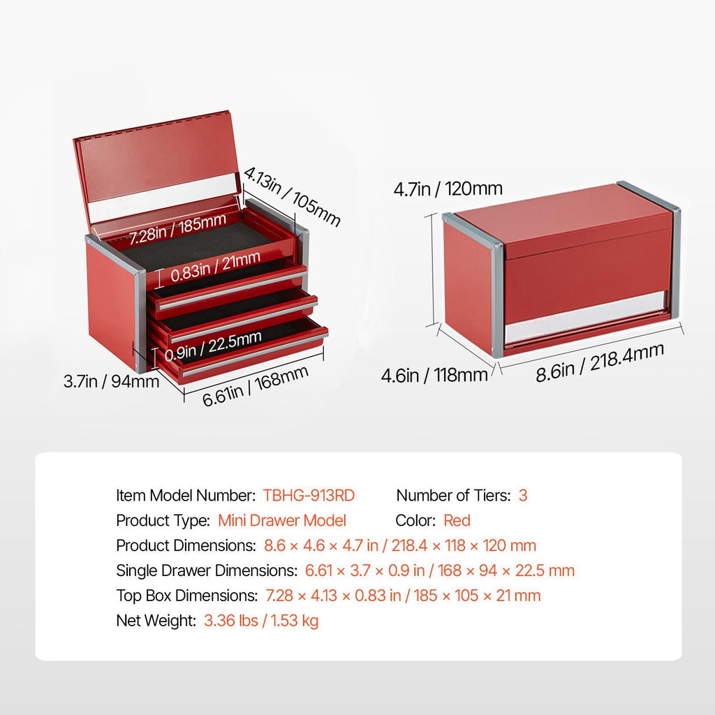 VEVOR Portable Three-Drawer Tool Box in Red