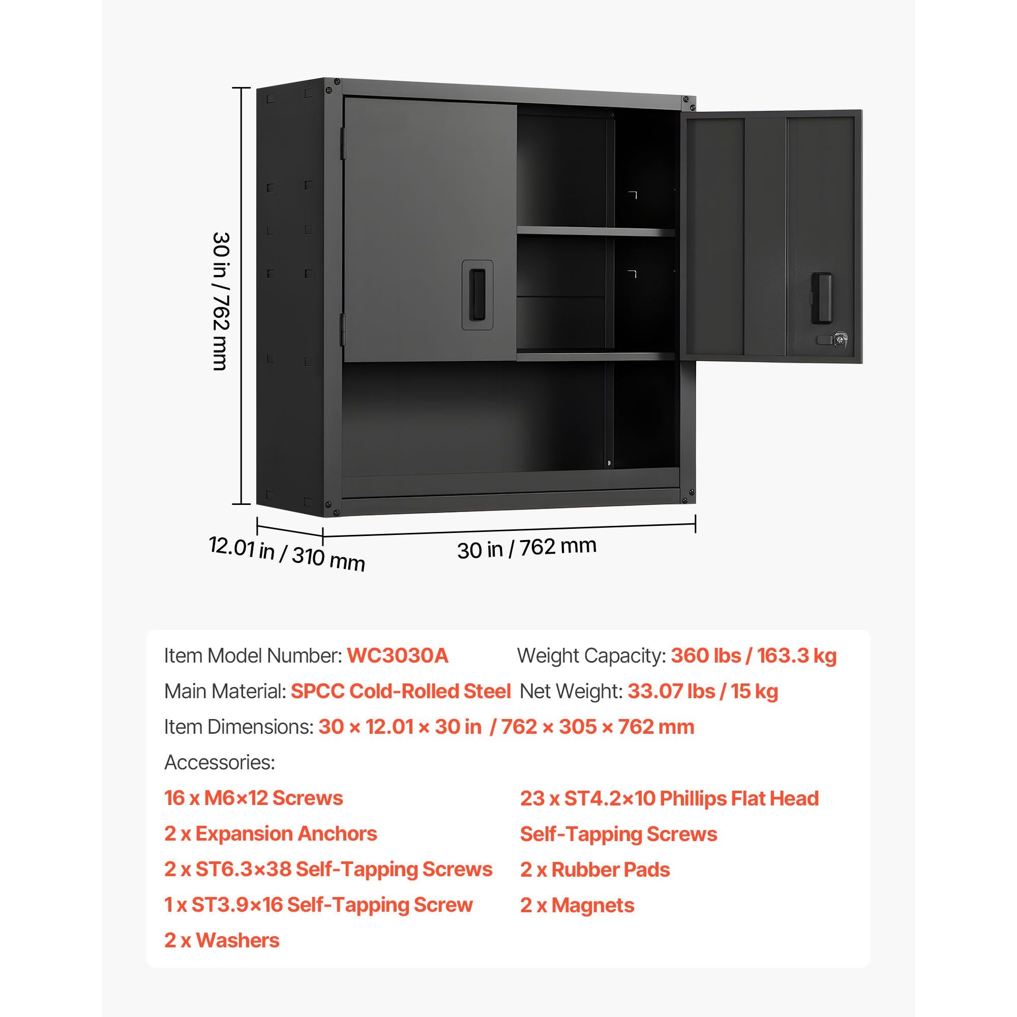 30- Wide Steel Wall Cabinet with Locking Doors and Adjustable Shelf