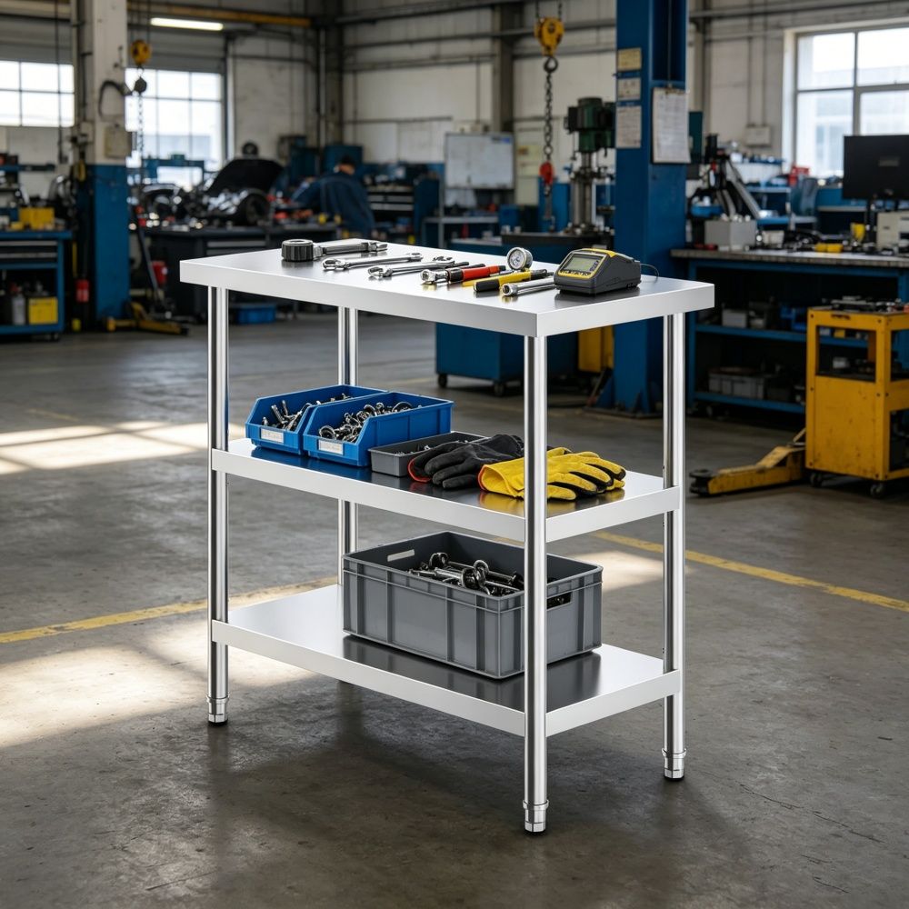 Mobile Kitchen Work Table with Adjustable Shelves and Casters