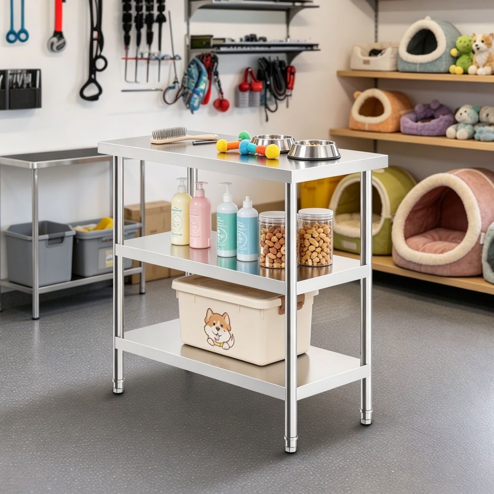 Mobile Kitchen Work Table with Adjustable Shelves and Casters