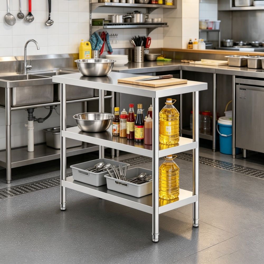 Mobile Kitchen Work Table with Adjustable Shelves and Casters