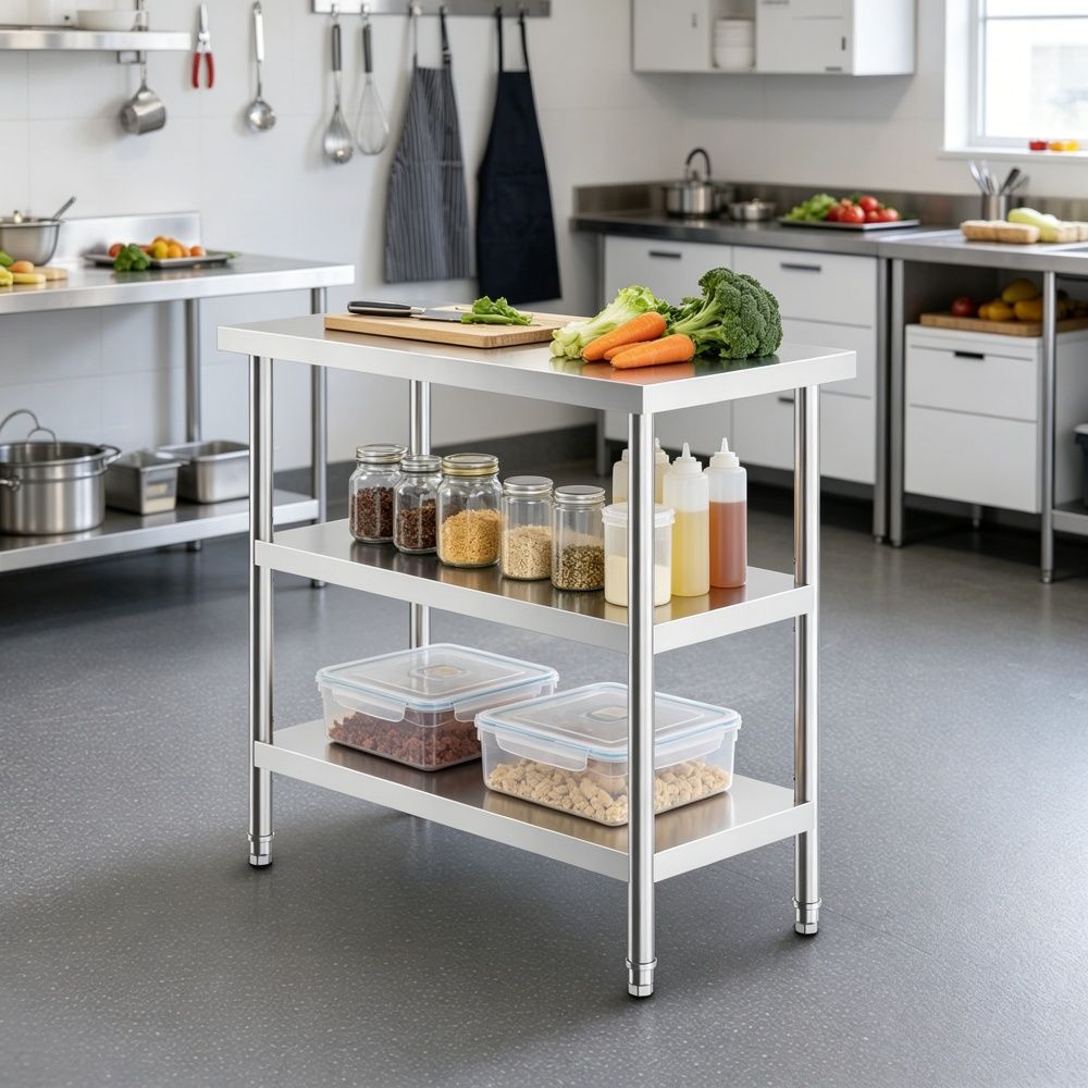 Mobile Kitchen Work Table with Adjustable Shelves and Casters