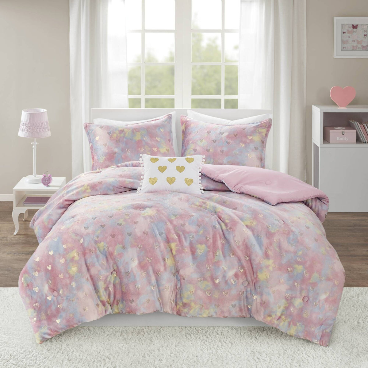 Metallic Heart Motif Comforter Set with Decorative Pillow – Full/Queen