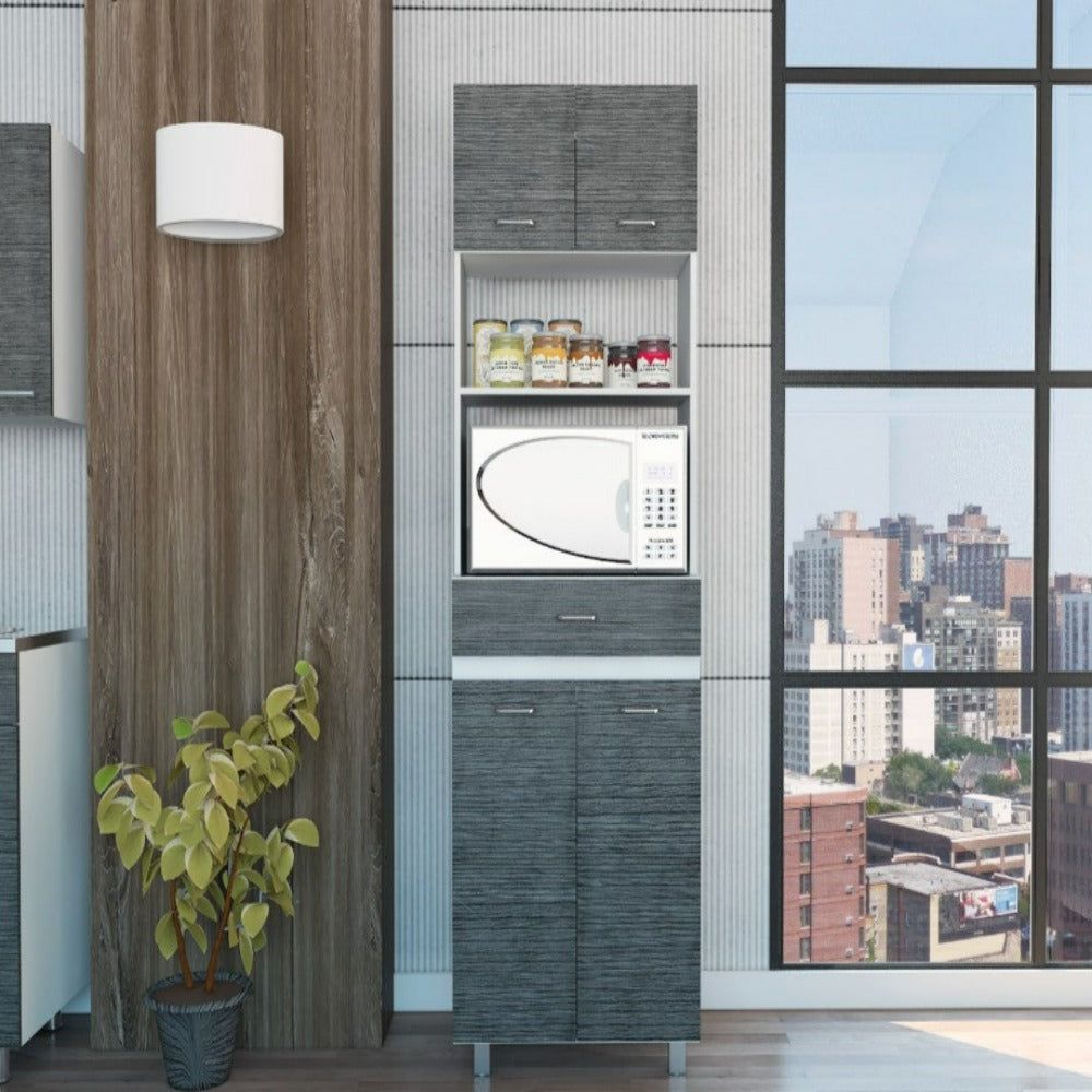 Double Door Microwave Cabinet with White and Smokey Oak Finish