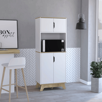 Double-Door Tall Cabinet for Microwave, Light Oak/White