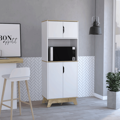 Double-Door Tall Cabinet for Microwave, Light Oak/White