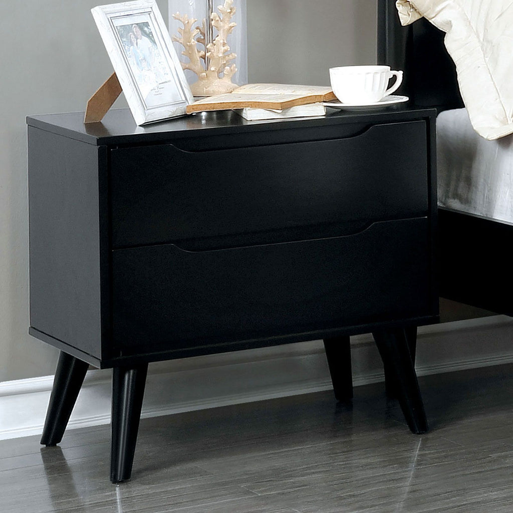 Mid-Century Modern Black Nightstand with Tapered Legs and Recessed Handles
