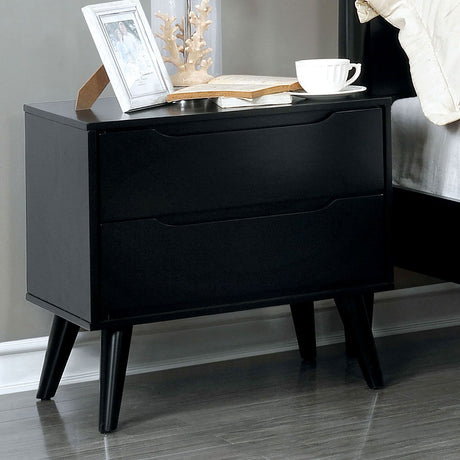 Mid-Century Modern Black Nightstand with Tapered Legs and Recessed Handles