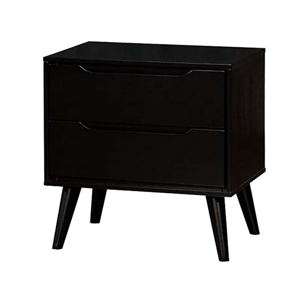 Mid-Century Modern Black Nightstand with Tapered Legs and Recessed Handles