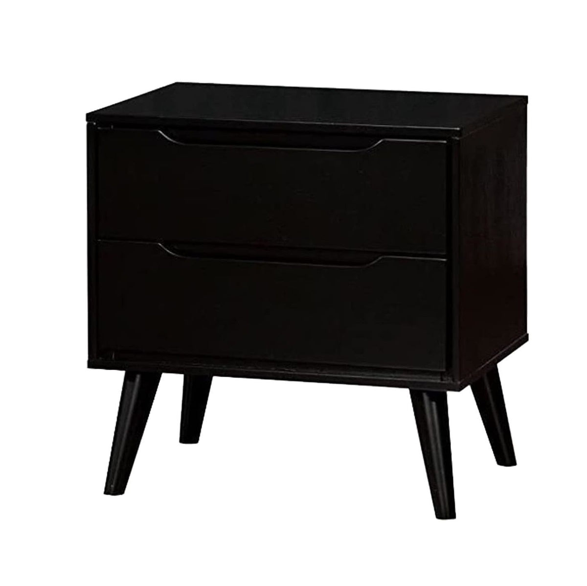 Mid-Century Modern Black Nightstand with Tapered Legs and Recessed Handles