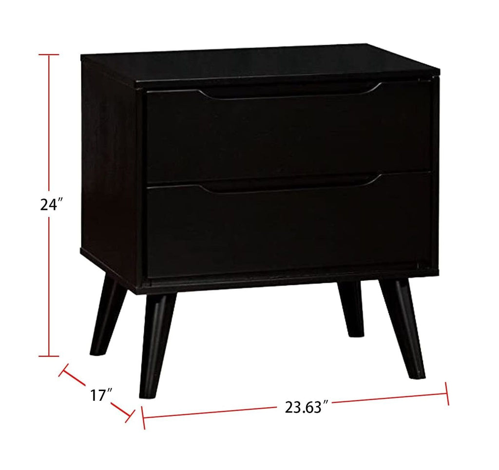Mid-Century Modern Black Nightstand with Tapered Legs and Recessed Handles