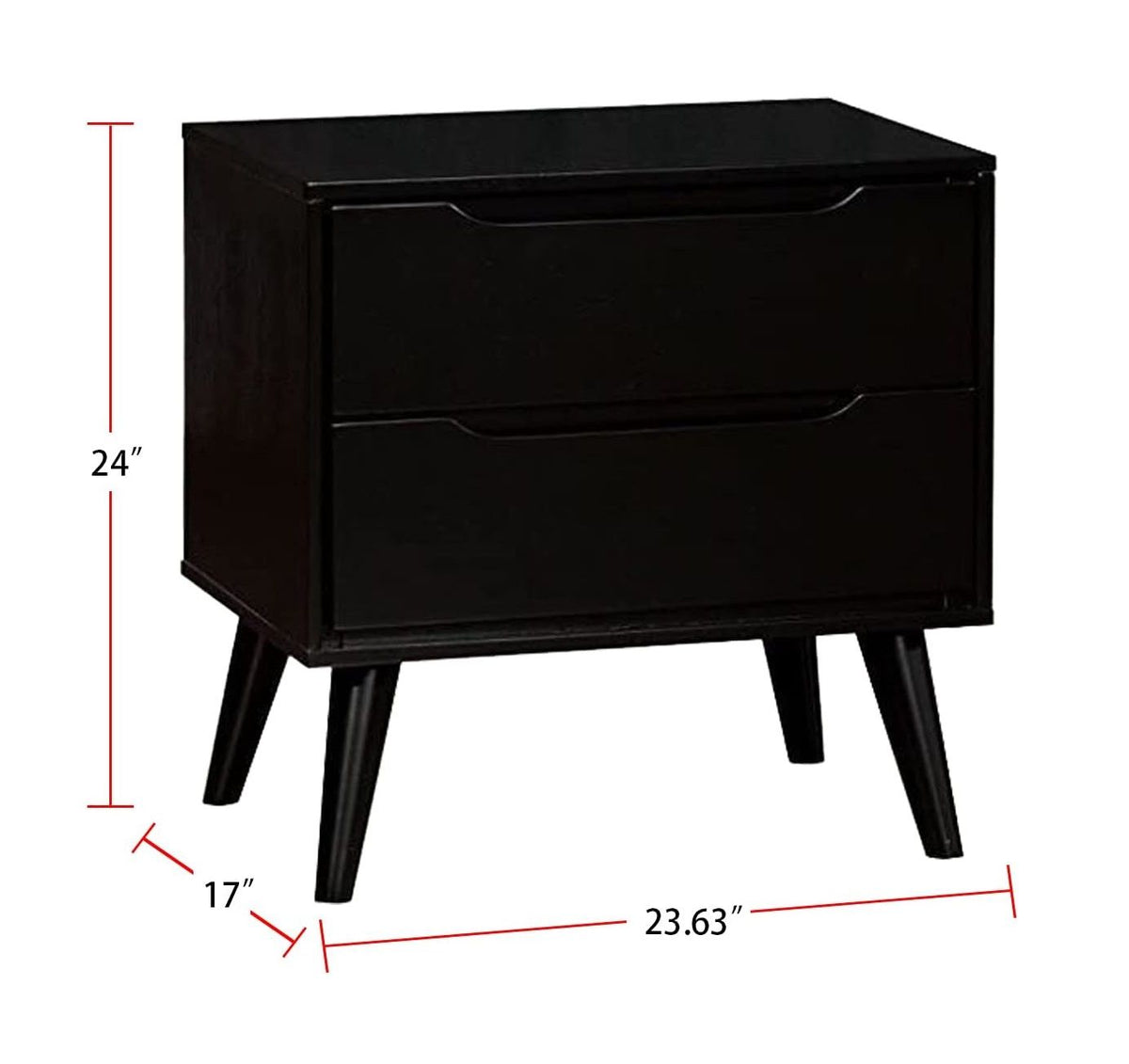 Mid-Century Modern Black Nightstand with Tapered Legs and Recessed Handles