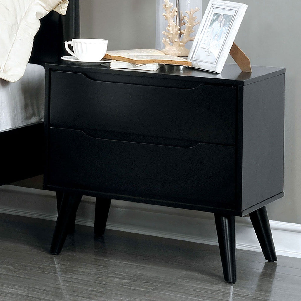 Mid-Century Modern Black Nightstand with Tapered Legs and Recessed Handles