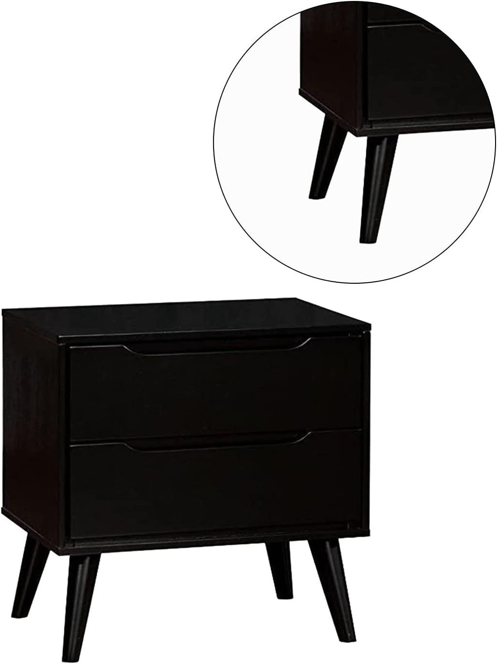 Mid-Century Modern Black Nightstand with Tapered Legs and Recessed Handles