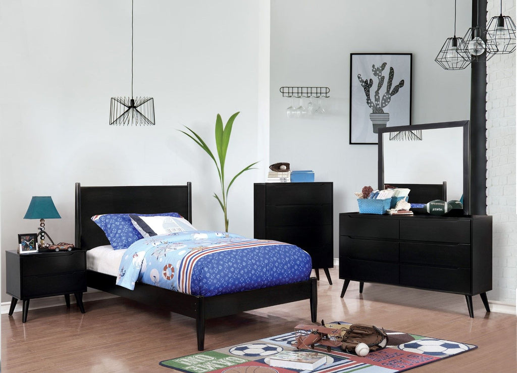 Mid-Century Modern Black Nightstand with Tapered Legs and Recessed Handles