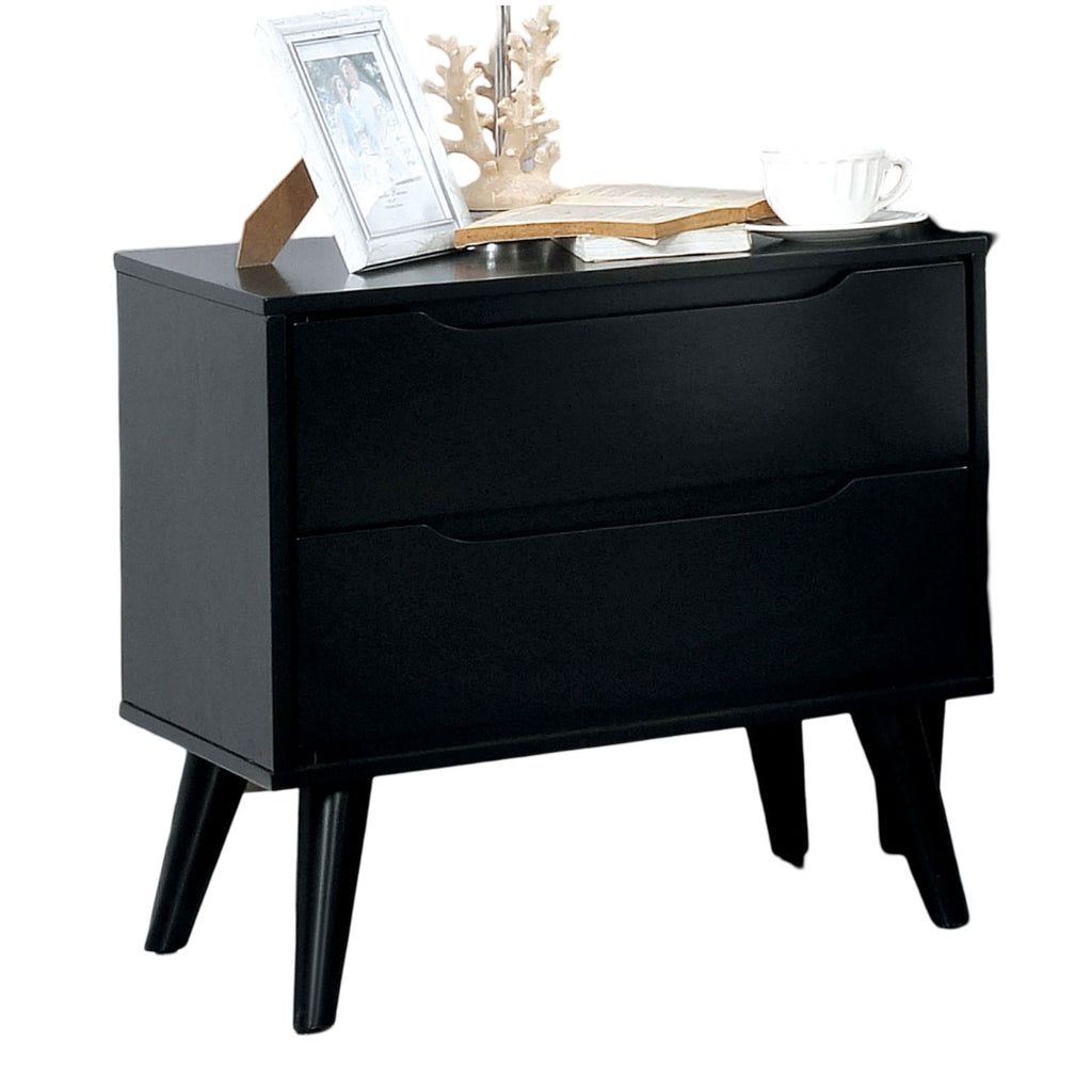 Mid-Century Modern Black Nightstand with Tapered Legs and Recessed Handles