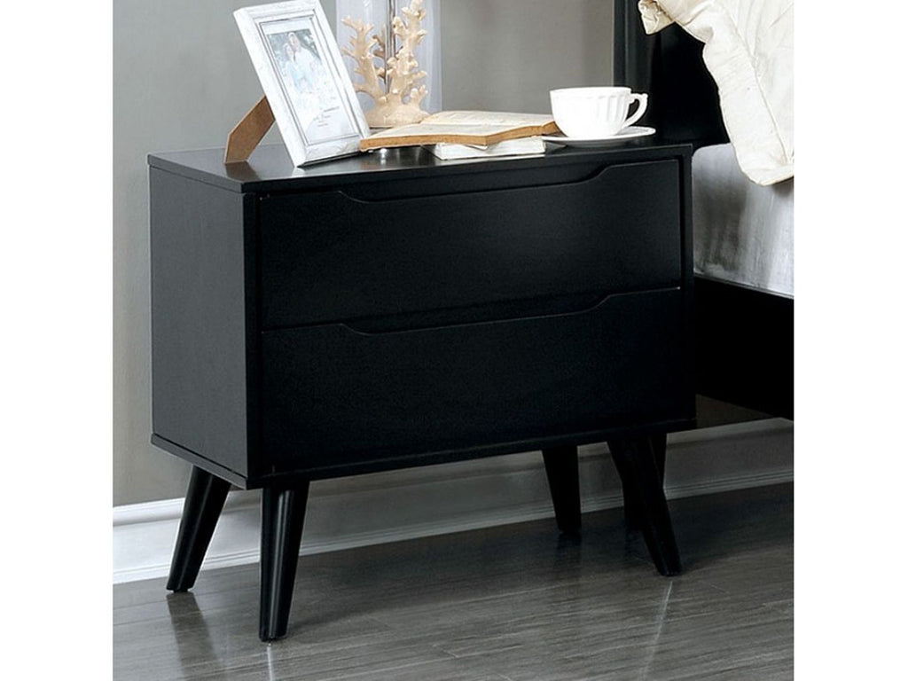 Mid-Century Modern Black Nightstand with Tapered Legs and Recessed Handles