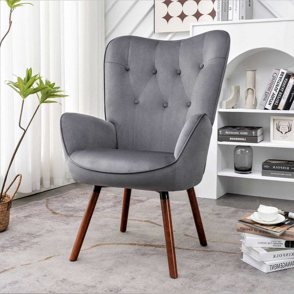 Mid-Century Modern Button-Tufted Wingback Chair with Solid Wood Legs