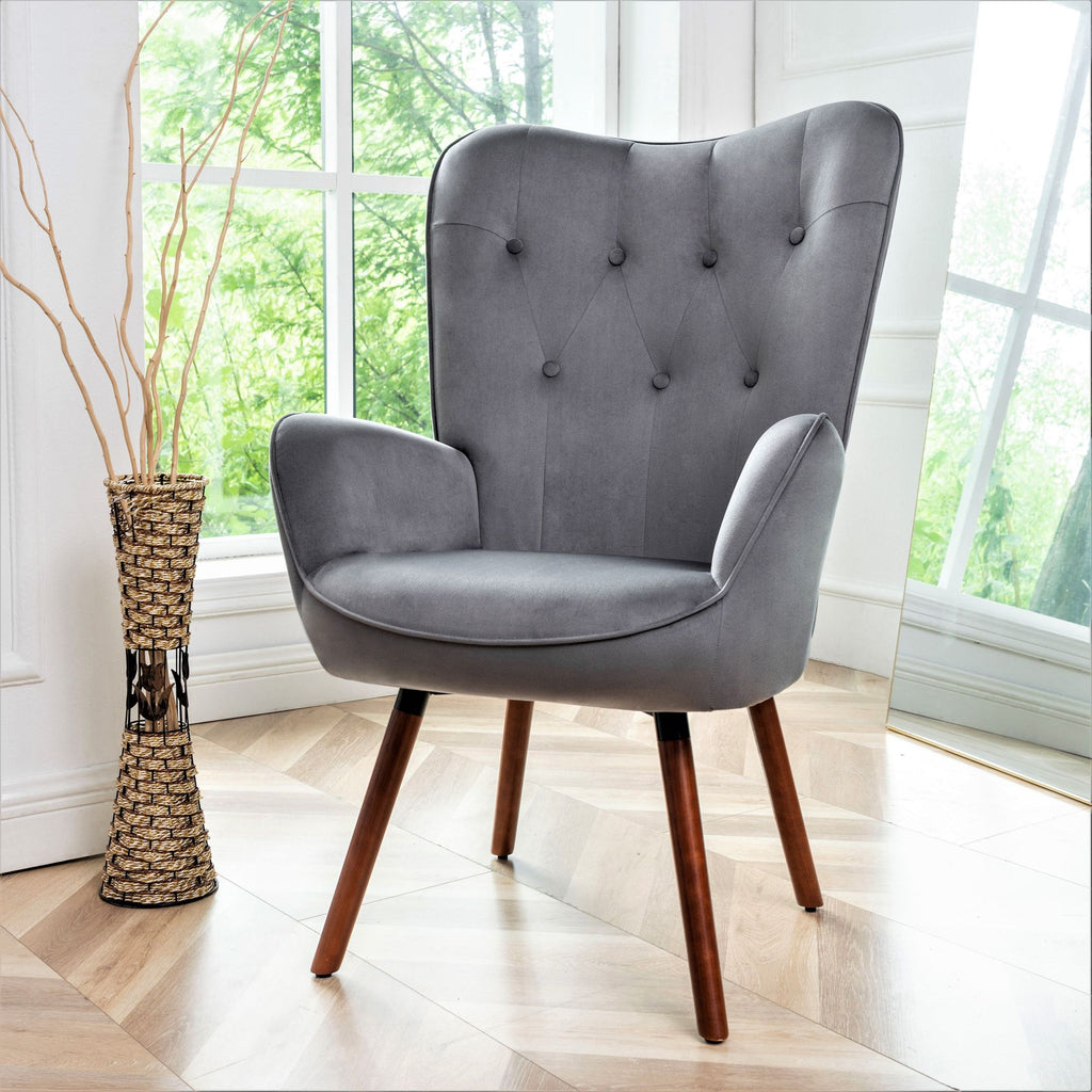 Mid-Century Modern Button-Tufted Wingback Chair with Solid Wood Legs