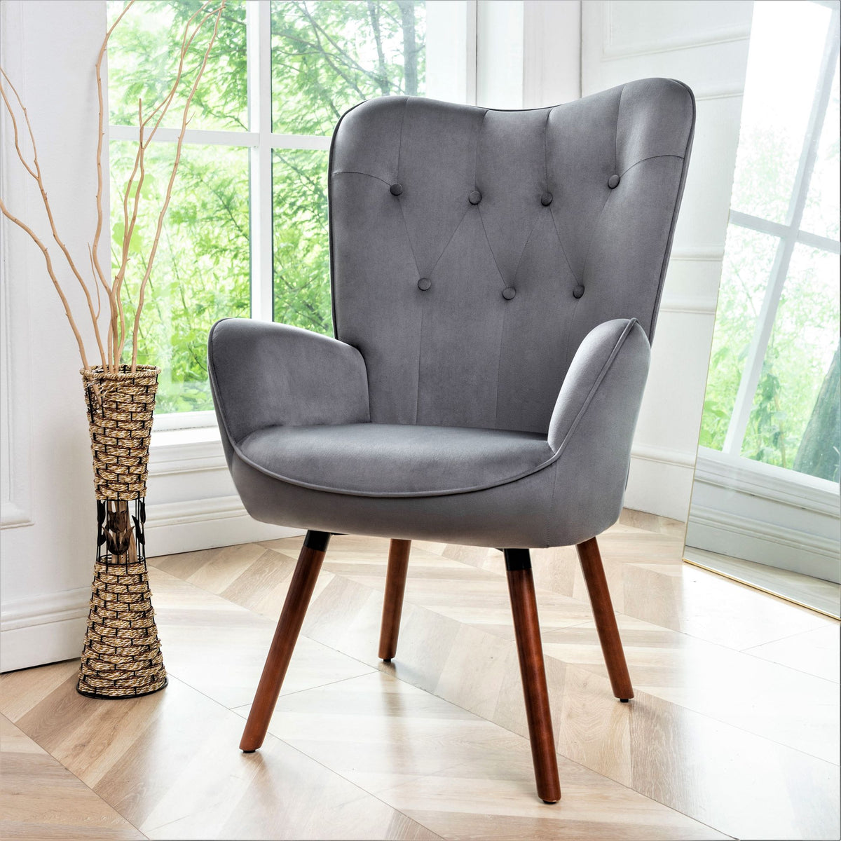 Mid-Century Modern Button-Tufted Wingback Chair with Solid Wood Legs