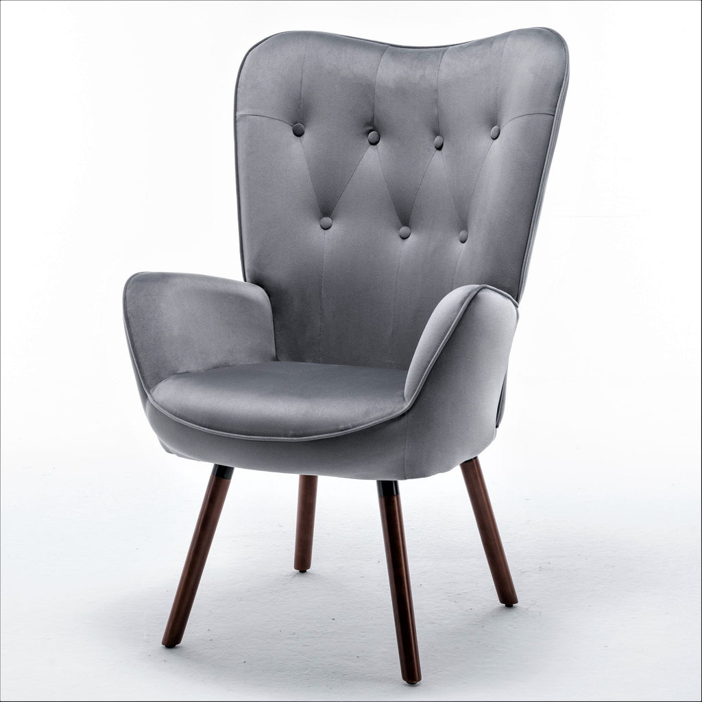Mid-Century Modern Button-Tufted Wingback Chair with Solid Wood Legs