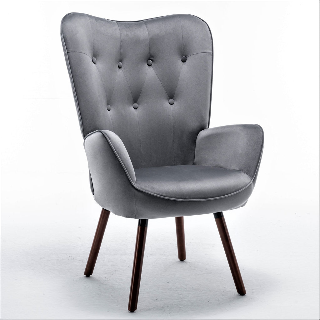 Mid-Century Modern Button-Tufted Wingback Chair with Solid Wood Legs