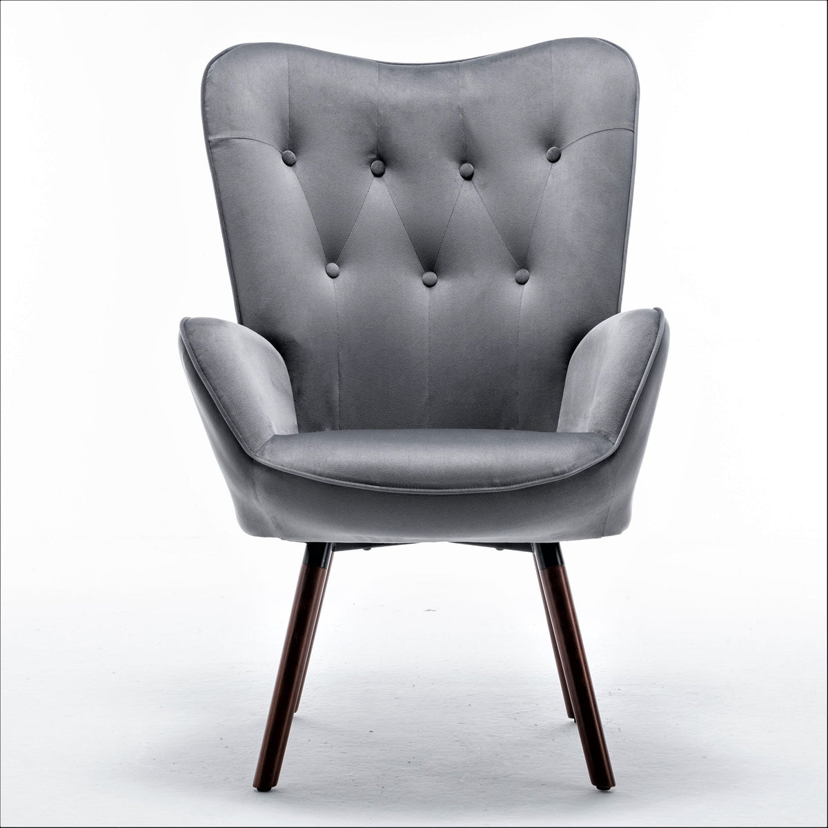 Mid-Century Modern Button-Tufted Wingback Chair with Solid Wood Legs
