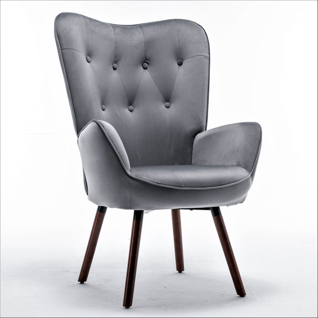 Mid-Century Modern Button-Tufted Wingback Chair with Solid Wood Legs
