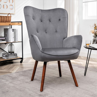 Mid-Century Modern Button-Tufted Wingback Chair with Solid Wood Legs